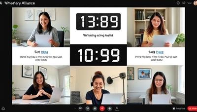 A virtual writing accountability group meeting with members on a video call, each showcasing their writing space and sharing their progress updates and goals, with a countdown timer for a writing sprint in the background, symbolizing productivity, focus, and mutual support among writers in the alliance.