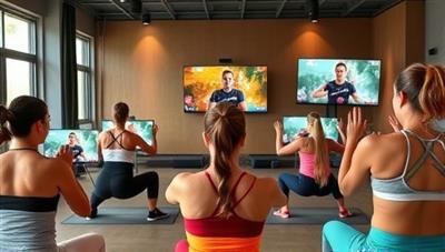 A vibrant virtual fitness class setting with a diverse group of participants following a trainer's workout routine on their screens, displaying energy and motivation in a digital fitness environment.