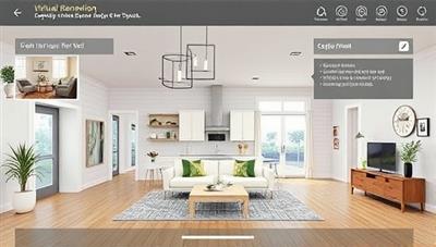 An artistic visualization of a virtual home renovation simulation tool interface, with interactive design elements, customizable features, and realistic renderings of interior spaces, inspiring users to explore and plan their renovation projects creatively and efficiently.