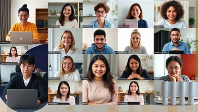 A diverse group of individuals engaged in virtual language exchange sessions, each person interacting with a partner on a different device, representing global connectivity and cultural exchange.