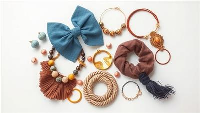 An aesthetic flat lay image featuring a collection of upcycled fashion accessories, creatively arranged to highlight the diverse range of products and materials used, conveying style and sustainability in harmony.
