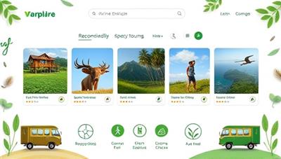 An online marketplace interface showcasing a selection of eco-friendly accommodations, responsible tour options, and green transportation choices, surrounded by nature-inspired graphics and sustainability logos, reflecting a conscious and ethical travel platform.