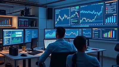An advanced tech workspace featuring developers coding AI algorithms on multiple screens, with financial data visualizations projected on a digital board, showcasing the cutting-edge technology and analytical capabilities of the AI-powered financial analysis software.