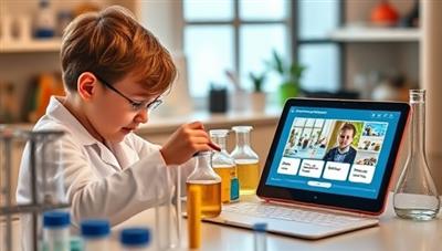 A home laboratory setup with scientific equipment, test tubes, beakers, and a digital tablet displaying an online experiment tutorial, with a young scientist conducting a hands-on experiment, showcasing the interactive and educational experience offered by LabBox.