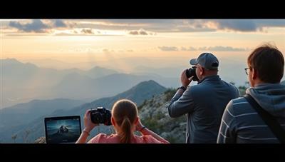 A captivating image of a virtual travel photography workshop in progress, featuring a professional photographer demonstrating composition techniques on a stunning landscape backdrop, with participants engaging in the session through their cameras and laptops, capturing the essence of learning and creativity in a virtual setting.
