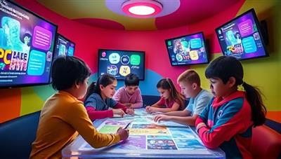 A colorful and vibrant learning pod setting with students actively participating in a hands-on project, surrounded by digital screens displaying interactive learning content, creating an immersive and engaging educational environment.