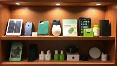 An array of eco-friendly tech gadgets displayed on a virtual shelf, including solar-powered chargers, biodegradable phone cases, and energy-efficient smart devices, highlighting the sustainable and innovative offerings of the rental service.