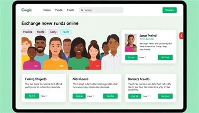 A digital platform interface showcasing a diverse group of individuals exchanging funds online, with visual representations of community projects being funded and borrowers successfully receiving microloans, illustrating financial inclusion and community support.