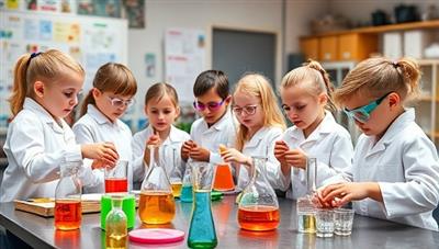A colorful and dynamic workshop setting with kids wearing lab coats, goggles, and enthusiastically conducting science experiments with bubbling beakers and colorful liquids, surrounded by educational posters and scientific tools.