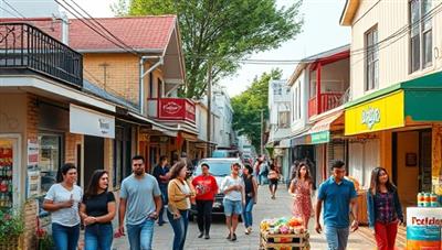 A vibrant image of a local neighborhood with diverse businesses and influencers interacting and promoting products.