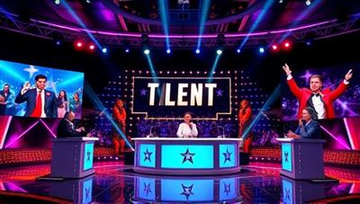 An engaging virtual stage featuring diverse performers in different talent categories, judges providing feedback virtually, and a real-time vote tally displayed on screens, highlighting the excitement and competition of a virtual talent show.