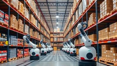 A warehouse scene with robotic arms and autonomous robots moving swiftly through aisles, picking items from shelves, and fulfilling orders with precision, illustrating the advanced technology and efficiency of RoboPick Fulfill in warehouse operations.