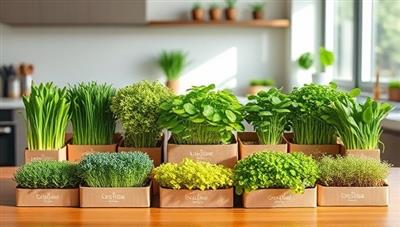 An array of vibrant microgreens showcased in elegant packaging, arranged in a modern kitchen setting with natural light streaming in, conveying freshness and health benefits of the subscription service in a stylish and appealing manner.
