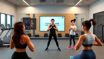 A virtual fitness coach conducting a live workout session with animated student avatars in a virtual gym environment, showcasing energy, motivation, and inclusivity in student fitness coaching.