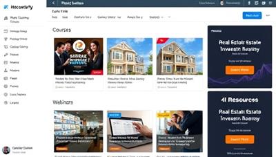 A digital platform interface displaying a variety of real estate investment courses, webinars, and resources with engaging visuals and interactive elements, inviting users to explore and enhance their knowledge in real estate investing.