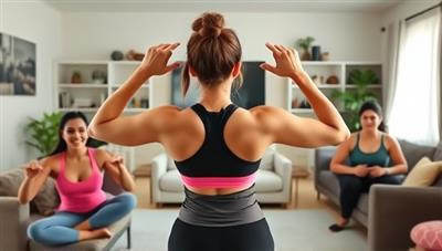 A virtual fitness coach leading a dynamic workout session via video call, with a diverse group of participants exercising in their homes, showcasing convenience and inclusivity.