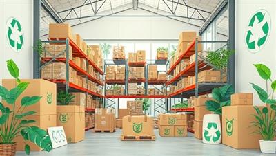 An artistic representation of a warehouse stocked with biodegradable packaging materials, compostable containers, and recyclable shipping supplies, surrounded by green plants and eco-friendly branding elements, conveying a message of sustainability and environmental responsibility.