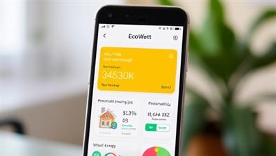 A smartphone screen displaying the EcoWatt app interface with real-time energy usage data, personalized savings tips, and a virtual home energy dashboard, illustrating the app's user-friendly design and energy management capabilities.