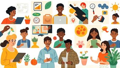 A digital collage showcasing diverse individuals exchanging skills virtually, featuring icons representing various skills like coding, cooking, painting, and gardening, symbolizing a vibrant and collaborative community.