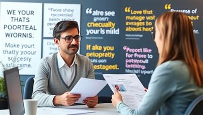 A virtual career coach conducting a coaching session with a client, reviewing a digital resume and career development plan, with motivational career quotes and success stories displayed in the background, symbolizing professional growth and career advancement.