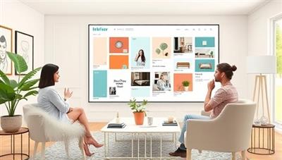 An artistic rendering of a virtual interior design consultation session, where a designer interacts with a client through a digital platform, showcasing mood boards, color schemes, and furniture recommendations on a large screen, creating a collaborative and inspiring design process.