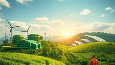 An eco-friendly visual featuring a lush green landscape with sustainable energy sources, green buildings, and diverse communities engaged in positive activities, symbolizing a harmonious blend of financial growth and environmental stewardship, inspiring a sense of responsible investing and impact creation.