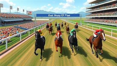 A vibrant virtual horse racing track with animated horses racing towards the finish line, surrounded by cheering digital spectators, jockeys, and colorful banners, capturing the excitement and competitiveness of virtual horse racing.