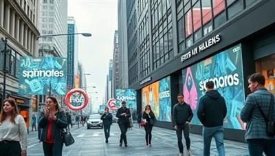 An urban street scene with people interacting with AR displays projecting 3D brand visuals and animations, creating a futuristic and engaging outdoor advertising experience.