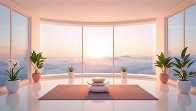 A serene virtual meditation room with calming visuals, relaxing music, and animated mindfulness exercises, creating a tranquil and supportive space for mental wellness coaching and self-care practices.