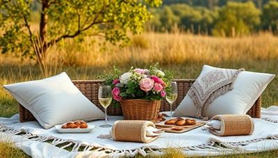 A picturesque outdoor scene featuring an elegantly styled picnic setup with a boho-chic aesthetic, complete with plush cushions, floral arrangements, gourmet treats, and sparkling beverages, inviting viewers to indulge in a luxurious alfresco dining experience in nature.