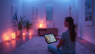 A serene virtual meditation room with peaceful ambient lighting and calming decor, featuring a user immersed in a guided meditation session on a tablet, illustrating the tranquility and relaxation offered by MindScape's mental wellness platform.