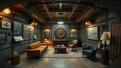 An immersive VR headset view of a virtual escape room filled with intricate puzzles, hidden clues, and mysterious artifacts, creating a sense of adventure and intrigue for players immersed in the virtual world.
