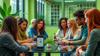 An image of a diverse group of individuals in a green-themed meeting space, discussing sustainable investment opportunities on digital devices and sharing ideas, conveying a sense of community, innovation, and environmental stewardship.