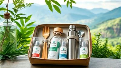An elegantly designed travel kit filled with eco-friendly essentials like bamboo cutlery, a reusable water bottle, and organic toiletries, displayed against a backdrop of lush greenery and natural landscapes, symbolizing sustainability and mindful travel practices.