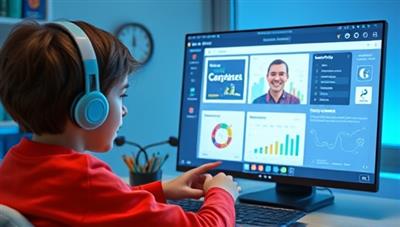 An engaging visual of a student receiving personalized tutoring online from an AI-powered virtual tutor, with interactive learning tools and a progress dashboard on the screen, illustrating advanced technology in education.