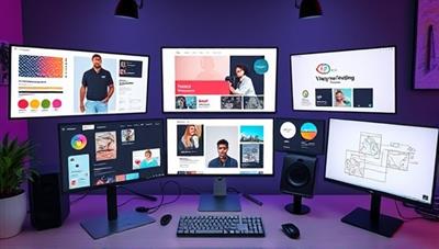 A virtual design studio workspace with multiple screens displaying creative design projects, color palettes, and design sketches, symbolizing collaboration and innovation in graphic design freelancing on a digital platform.
