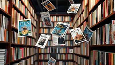 An artistic representation of a virtual library with digital magazine covers floating in the air, each cover displaying personalized content categories, showcasing the concept of personalized digital magazine subscriptions.