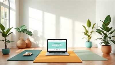 An inviting virtual wellness room with calming colors, plants, yoga mats, and a laptop displaying a wellness coaching session, creating a serene and supportive atmosphere for personal growth and self-care.