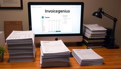 An office desk setup with InvoiceGenius software displayed on a computer screen, surrounded by stacks of neatly organized invoices and automated payment reminder notifications, symbolizing the streamlined and efficient invoicing process facilitated by the software.
