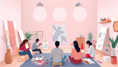A serene virtual art studio setting with calming colors, creative art supplies, and a diverse group of individuals engaging in therapeutic art activities, conveying a safe and supportive space for emotional exploration and healing through art.