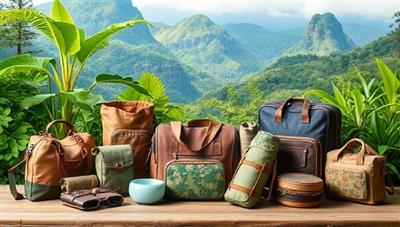 An assortment of eco-friendly travel accessories displayed against a backdrop of lush greenery and natural landscapes, symbolizing the harmony between travel and nature conservation.