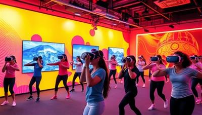 An immersive VR world with vibrant workout scenes, virtual trainers guiding users through dynamic exercises, and a diverse group of participants enjoying the futuristic fitness experience in the VRFitZone.