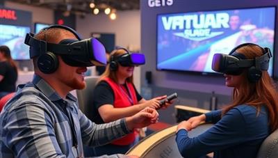 An immersive VR gaming setup with customers wearing VR headsets and interacting with virtual environments, showcasing the excitement and engagement of the experience.