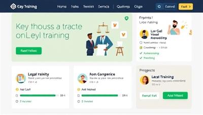 An engaging online training interface with animated legal icons, interactive quizzes, and progress trackers, illustrating a user-friendly and educational platform for legal compliance training.