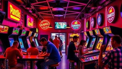 A retro-themed bar setting with glowing neon lights, vintage arcade cabinets, colorful pinball machines, and patrons enjoying friendly gaming competitions while savoring signature cocktails, capturing the nostalgic and vibrant atmosphere of the arcade bar and lounge experience.