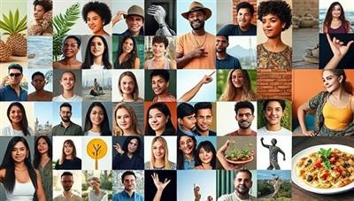 A mosaic of diverse niche influencers representing various interests like sustainable living, fitness, travel, and culinary arts, symbolizing the diverse and tailored influencer network of InfluenceHub Agency in niche markets.