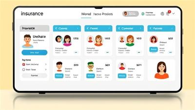 An innovative digital interface displaying various insurance options, with personalized avatars representing different customer profiles, creating a user-friendly and engaging experience.
