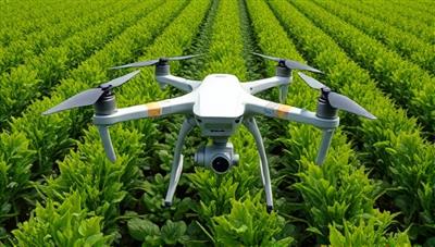 A drone hovering over a lush green field, equipped with sensors and cameras, capturing detailed images of crop health and soil conditions, exemplifying the innovative and data-driven approach of drone-enabled precision agriculture.