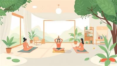 A serene digital illustration featuring a tranquil virtual retreat setting with elements of nature, relaxation zones, and wellness activities, where participants engage in yoga practice, meditation sessions, and self-care rituals, fostering a harmonious and rejuvenating atmosphere at Serenity Haven's online wellness retreats.