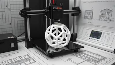 An image of a 3D printer in action creating a intricate and modern construction accessory, surrounded by architectural blueprints and design sketches, highlighting the cutting-edge technology and creativity behind PrintBuild Innovations.